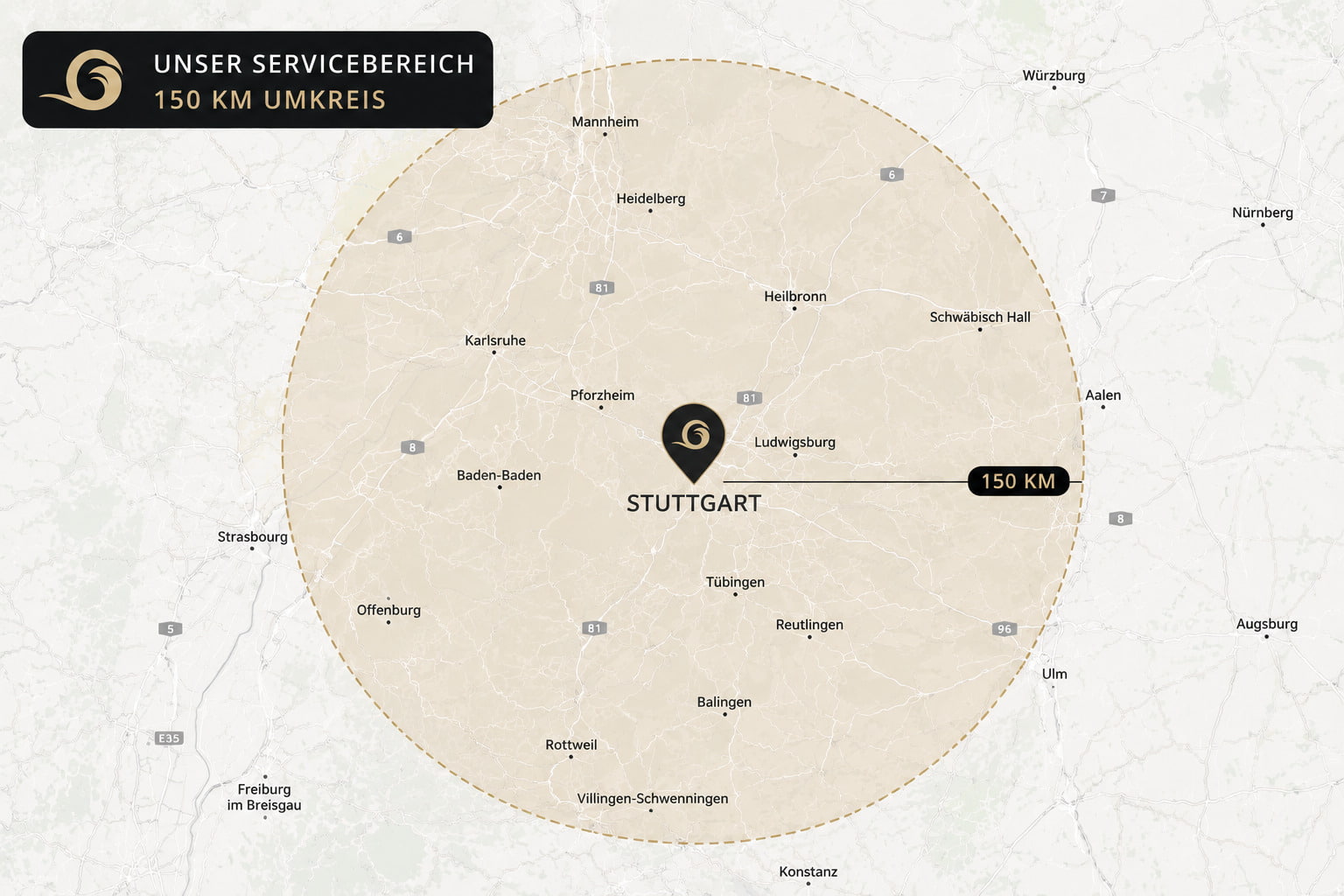 Servicebereich 150km Umkreis um Stuttgart